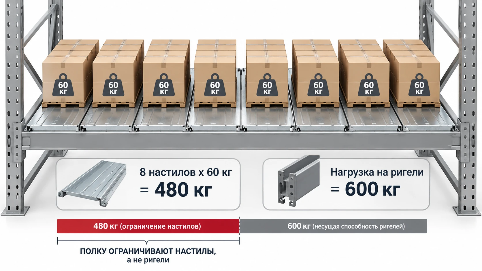 Восемь секций настила по 60 кг и ригели с допустимой равномерной нагрузкой 600 кг