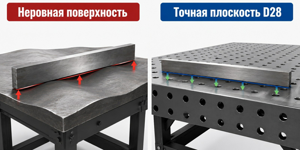Сравнение неровная поверхность и точная плоскость сварочного стола D28~1.jpg Сравнение неровная поверхность и точная плоскость сварочного стола D28~1.jpg