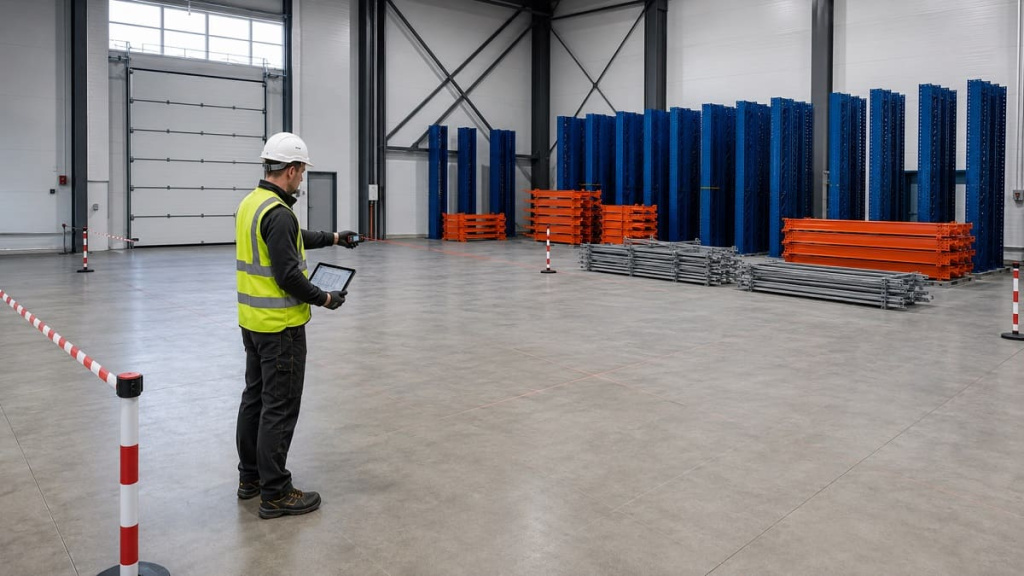 Подготовленная и ограждённая площадка перед монтажом консольных стеллажей