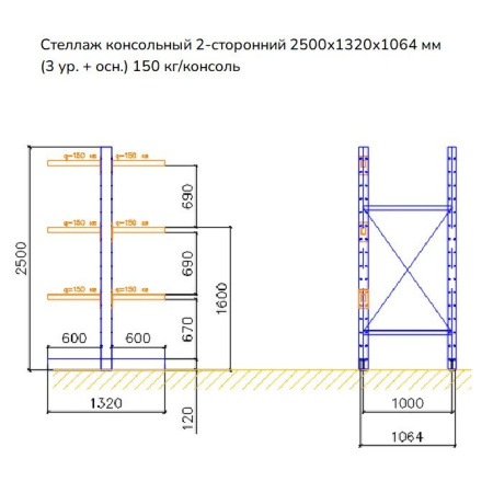 Стеллаж консольный двухсторонний СК 120, высотой 2500 мм от компании Абсолют