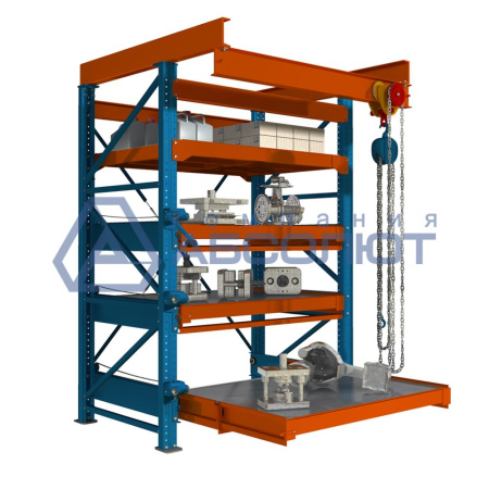 Стеллаж с выкатными платформами полного выдвижения Slide-1400, 800*1205  с мех. приводом полки, с талью