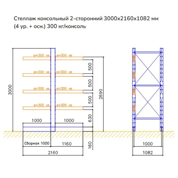 Стеллаж консольный двухсторонний СК 160, высотой 3000 мм